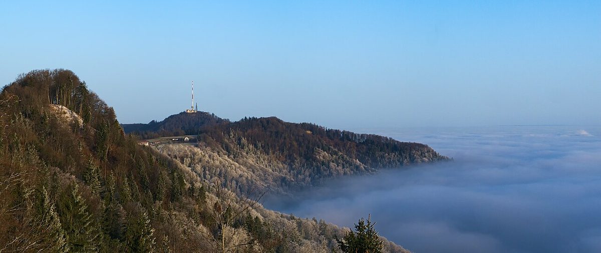 A flat white layer of cloud filling the lowland to the horizon, with forested ridges and a mast rising above it under a clear blue sky.