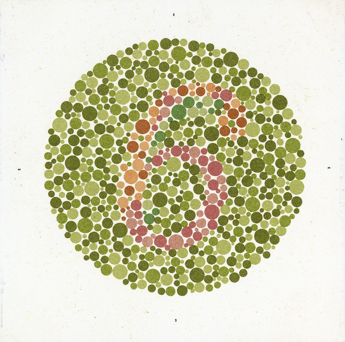 A circle of green and olive dots of many sizes, with a number formed in reddish dots in the middle.