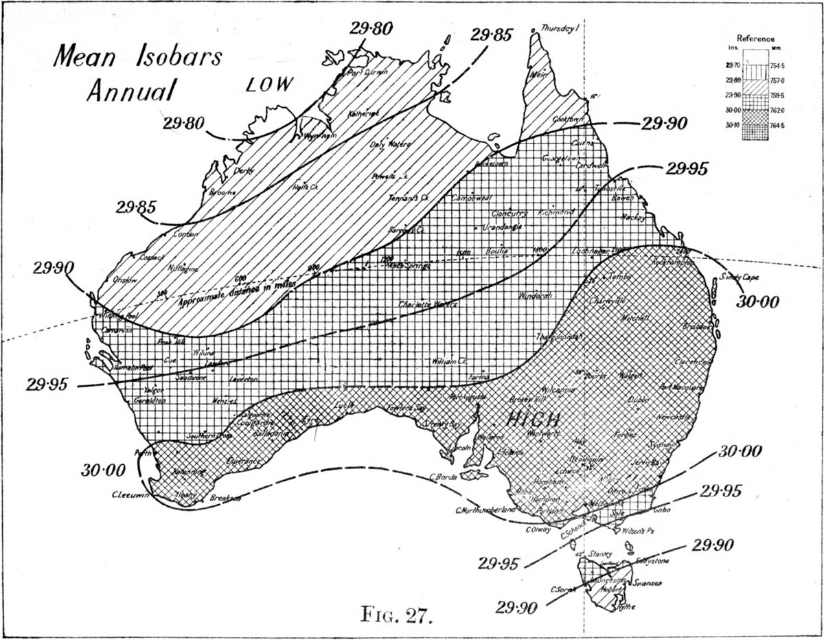 An old climatological chart of Australia with mean annual isobars labelled in inches of mercury and the high and low pressure areas shaded.