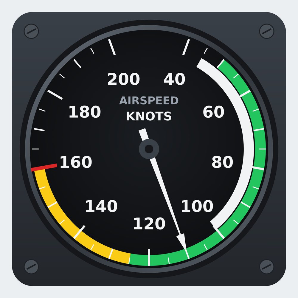 Airspeed indicator of a light single in knots: a white arc from 45 to 100, a green arc from 50 to 125, a yellow arc from 125 to 160 and a red line at 160.
